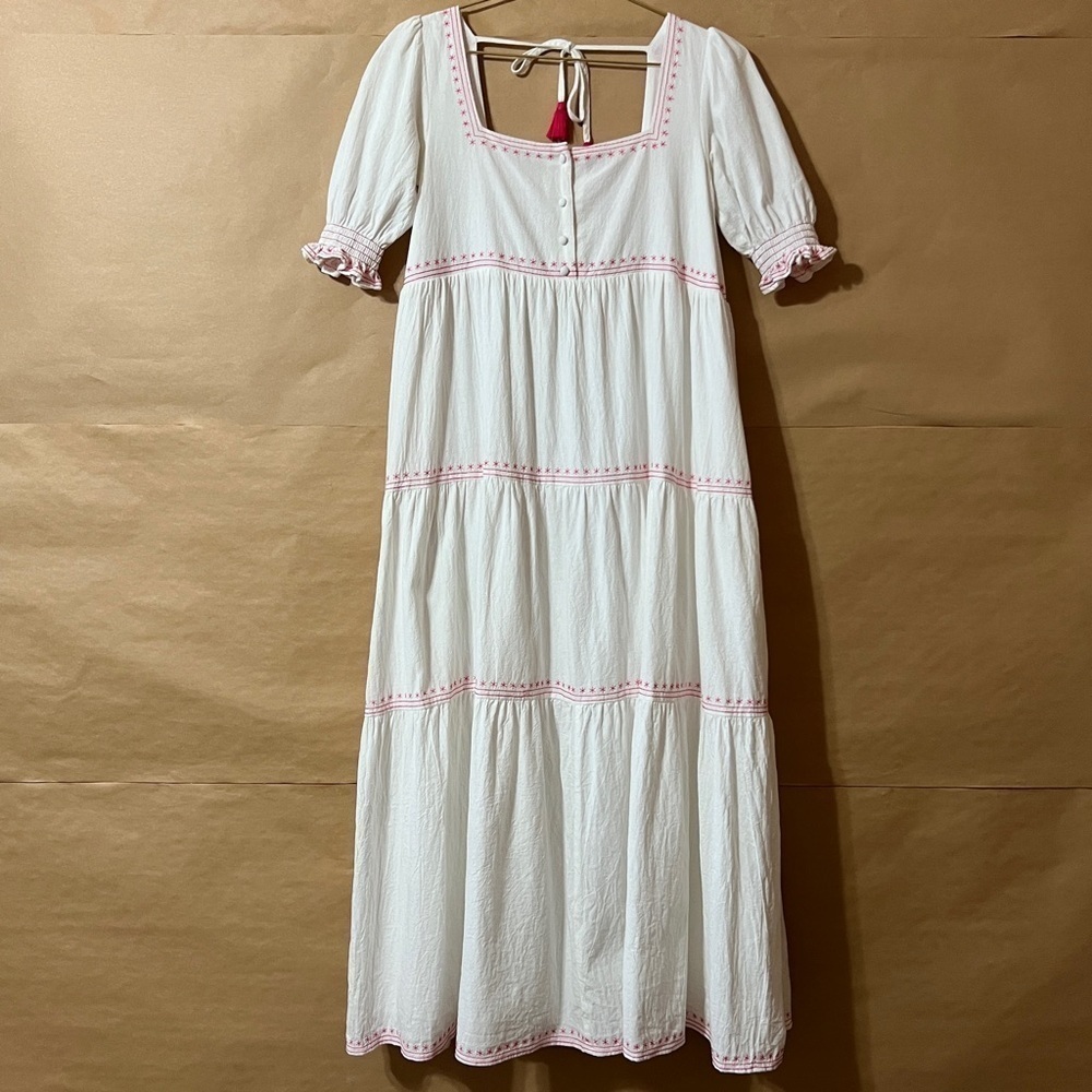 Oak Meadow | Poema Dress Embroidered Tiered Maxi Dress White Pink Size XS